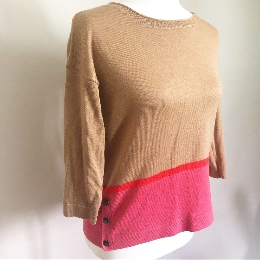 LOFT Tan Pink Colorblock Lightweight Sweater 3/4 Sleeve Small Petite